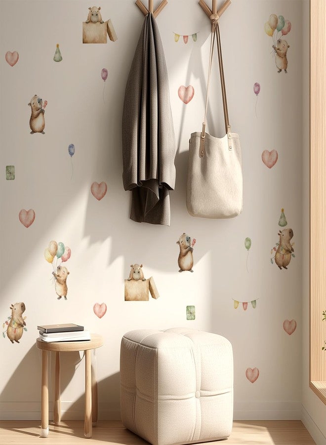 ملصقات جدارية من Alwayspon، 26 ملصقًا بتصميم حيوان الكابيبارا اللطيف، بالون وردي، ملصقات جدارية سهلة اللصق والإزالة لتزيين جدران غرف المعيشة، غرف الأطفال، غرف النوم - Image 4